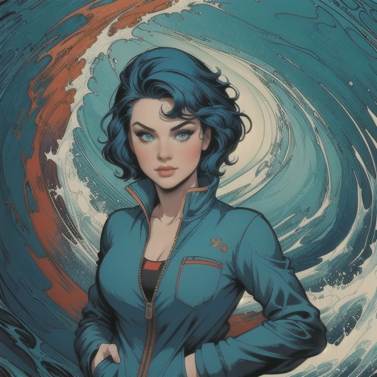 8K, 1girl, high color, gorgeous, (fractal art 1.8), pout, youth, blue hair, deep under the sea, gorgeous, dynamic, visual impact, hands in pockets, (waves on the lens 1.5)