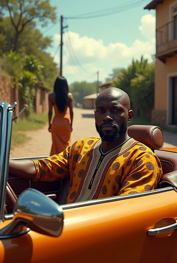 with a young curvy dark black lady approaching him from a far distance Generate an image of a dark black African man from the city wearing an African wear inside a posh car infront of a village building a village setting