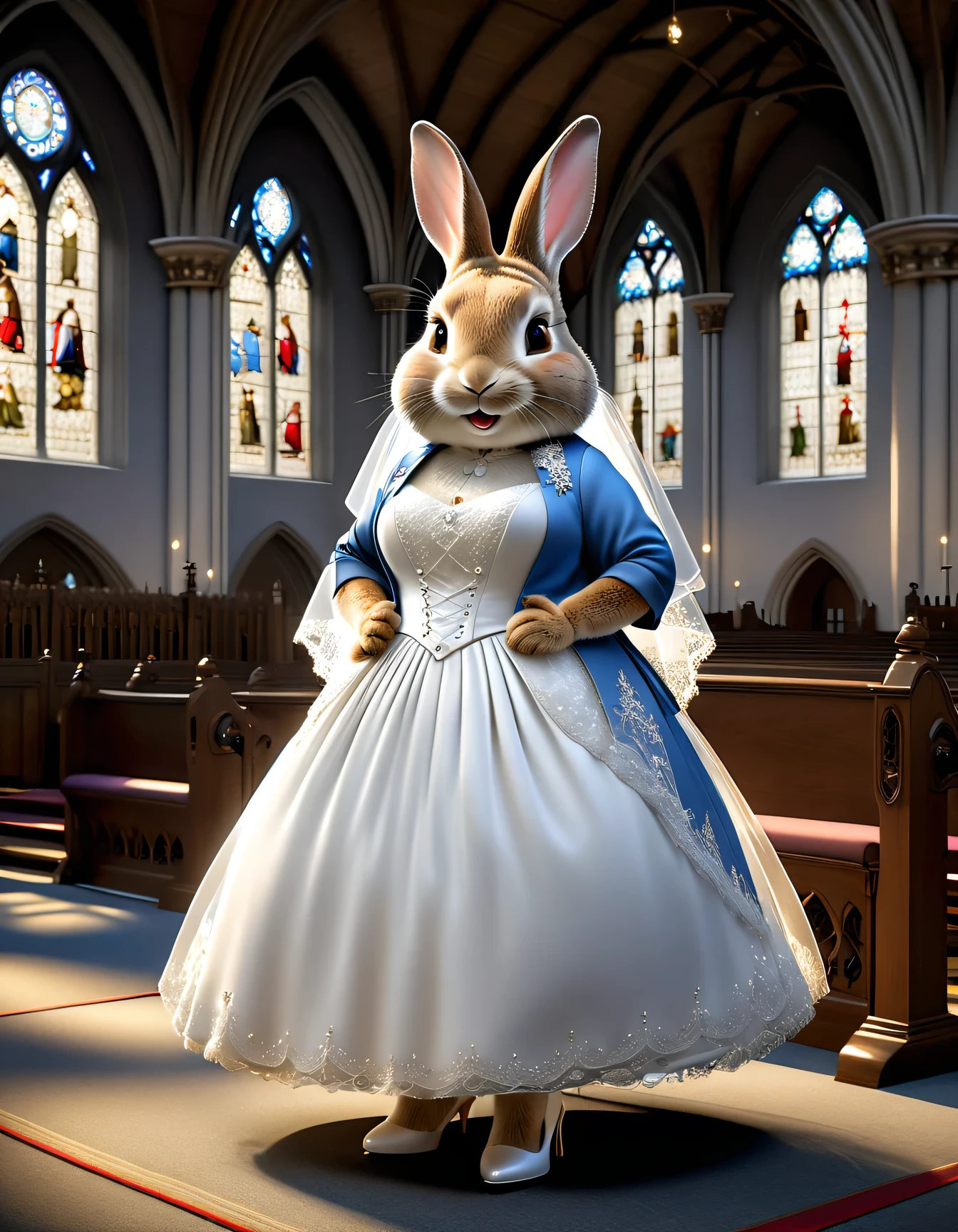 photorealistic portrait of Dressed animals - a ((fat)) (peter rabbit) bride,(elegant pose),(happy smile),(furry), (hands on hips:1.5),high quality,(lovely) ,intricate details, highly detailed (Gothic wedding dress)),(wearing short skirt :1.5),white high heels, white opera globes ,wearing highly detailed veil, highly detailed decorations , (happy), perfect lighting,(full body image:2.0),in church background,