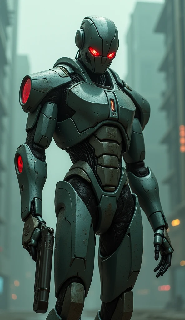 tenebrosa_fancy, cyber punk, (handgun, 1.1), 1 men, Mechanical marvel, robot presence, Cyber Guardian, Unripe, 8k, simple background
