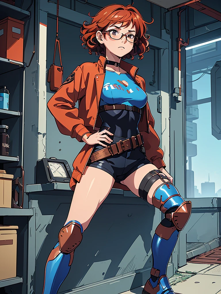 (masterpiece), (best quality), (1girl), (adult), (copper red hair), (curly hair), (short hair), body figure, (small breasts) , (brown eyes), freckles, (blue cyberpunk outfit), (blue jacket),( blue battle outfit),(badass outfit),black shirt, boots, black choker, legs, (white knee guards), gun, glasses