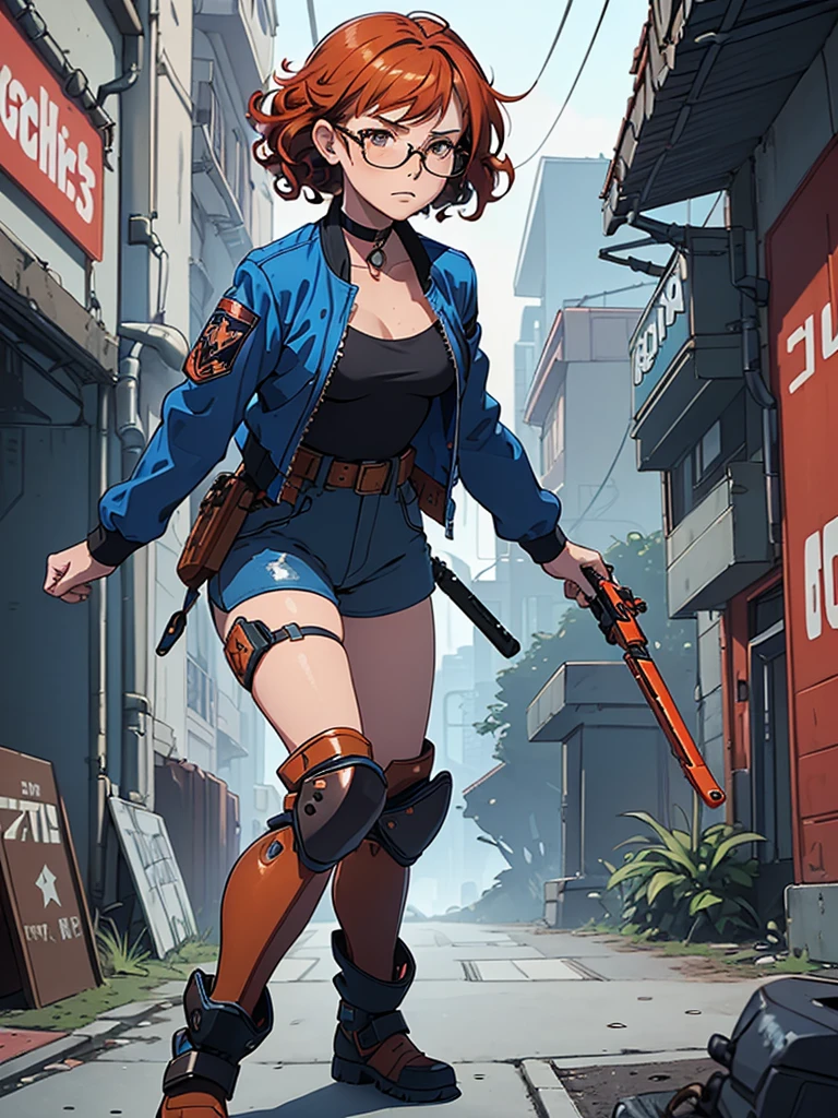 (masterpiece), (best quality), (1girl), (adult), (copper red hair), (curly hair), (short hair), body figure, (small breasts) , (brown eyes), freckles, (blue cyberpunk outfit), (blue jacket),( blue battle outfit),(badass outfit),black shirt, boots, black choker, legs, (white knee guards), gun, glasses