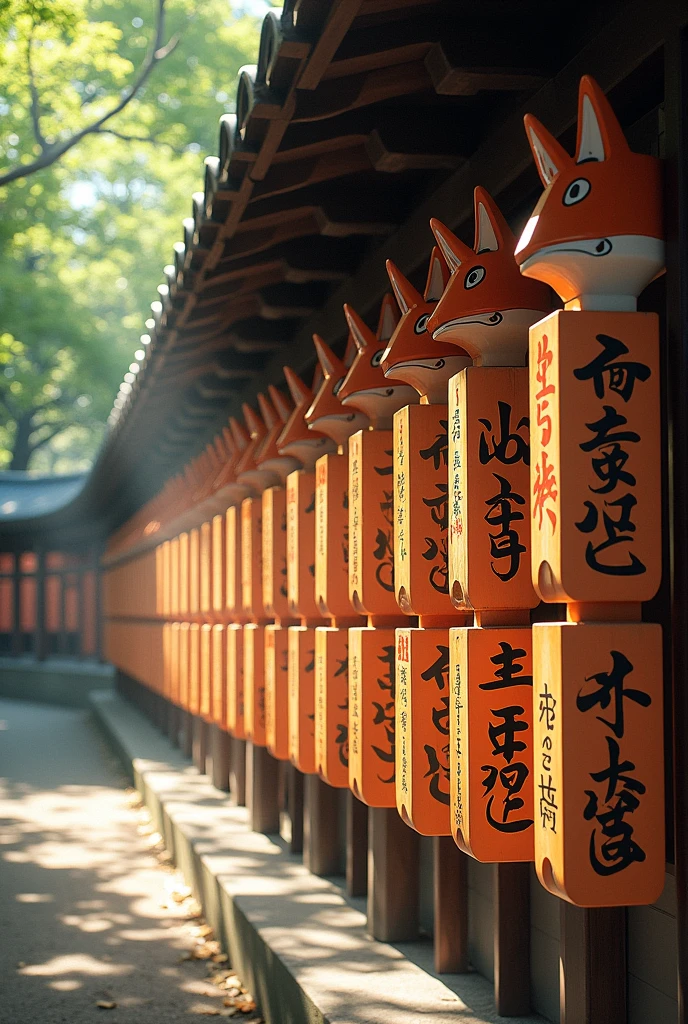 At Fushimi Inari Taisha Shrine in Kyoto、A realistic depiction of the place where votive plaques are displayed。Visitors can find wooden votive plaques in the shape of a fox&#39;s face, on which they write their wishes and prayers.、They are hung in a row from a wooden structure.。The votive plaque has a々There are pictures and letters、Symbolizes the messenger of the Inari god。Surrounding trees々creates shade、The soft sunlight shines through the leaves、The sunlight filtering through the trees casts a shadow on the ground.。The votive plaques swaying in the wind quietly echo、It is a place filled with hope and reverence.。