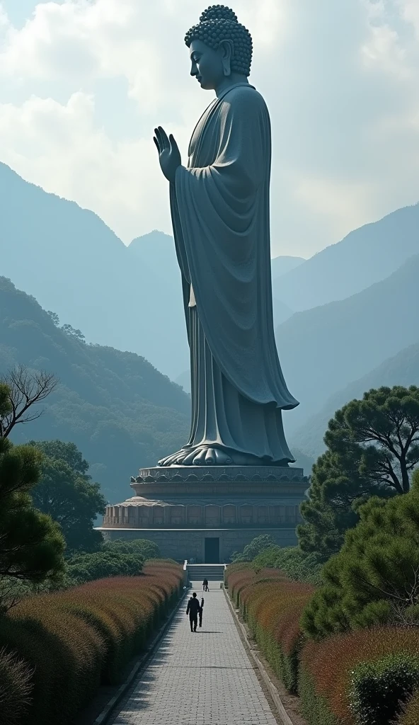 a huge Buddha Statue is standing and looking down in Ushiku, japan, from behind, from above, 