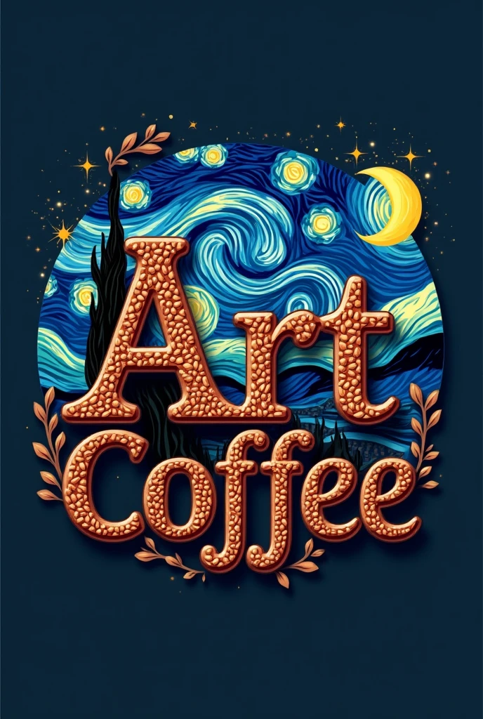 I want a logo for a cafe and the theme I want is about Van Gogh's Starry Night , The name of the cafeteria will be "ART COFFEE" and the letters have a filling of medium-sized coffee beans