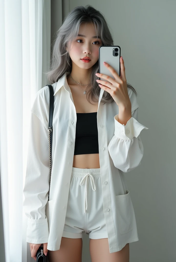 highly detailed, beautiful, hyper Realistic girl, masterpiece, best quality, Depict a mysterious and sophisticated beautiful Japanese gravure model,, 18-years-old, identity hidden, all body shot, / gray arranged hair, small head, Detailed face, cute and Pretty slim face, wide Duck mouth, perfect beautiful Tooth, arranged gray hair, shiny eyes, blue-colored eyes, Realistic skin, Detailed face, // standing, model posing, / This fall fashion look emphasizes a relaxed yet polished style. The oversized white shirt drapes loosely over the body, creating an effortless, airy silhouette that contrasts nicely with the fitted black Halterneck top underneath. The neck is hidden.、The shirt’s exaggerated proportions add a sense of ease and movement, perfect for layering as the weather cools. The white drawstring shorts maintain the casual vibe while keeping the look cohesive and fresh. Paired with black open-toe heeled boots, the outfit balances comfort with a touch of elegance. A small black chain bag and a simple silver necklace subtly elevate the minimalist, modern aesthetic, //// simple white single room, gray frame mirror, complicated background /// takes a selfie in her room using a smartphone in front of a mirror with one hand, standing and sexy Posing, all body below shot, focus shoes, looking away from the camera,