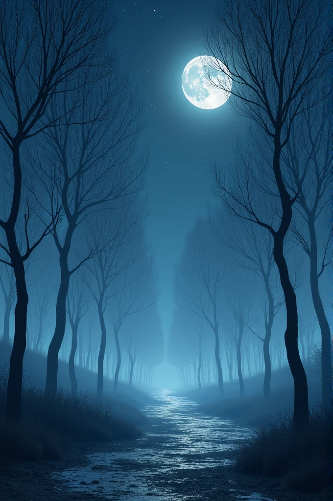 Create a night illuminated by thin trees without people