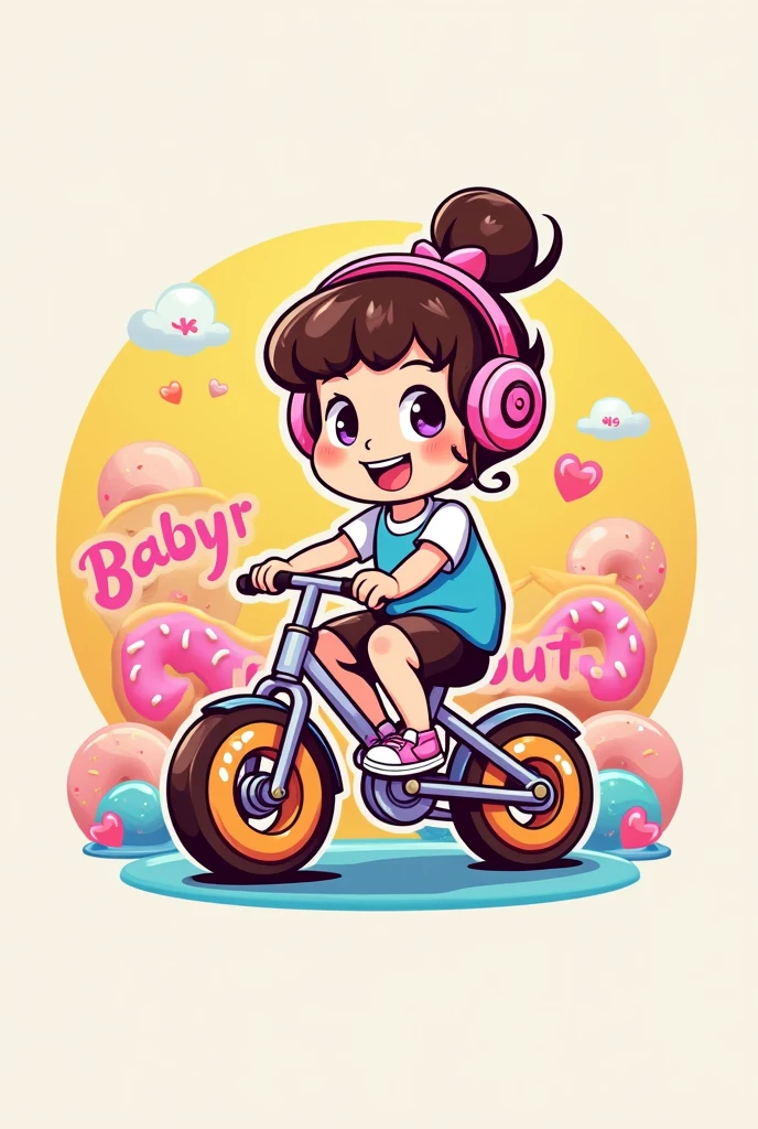 Well, I want a logo for a cake shop that has the word baby donuts as a reference, with a young girl in the background on a bike with donut wheels and donut headphones, to make it more colorful and eye-catching for all types of audiences.