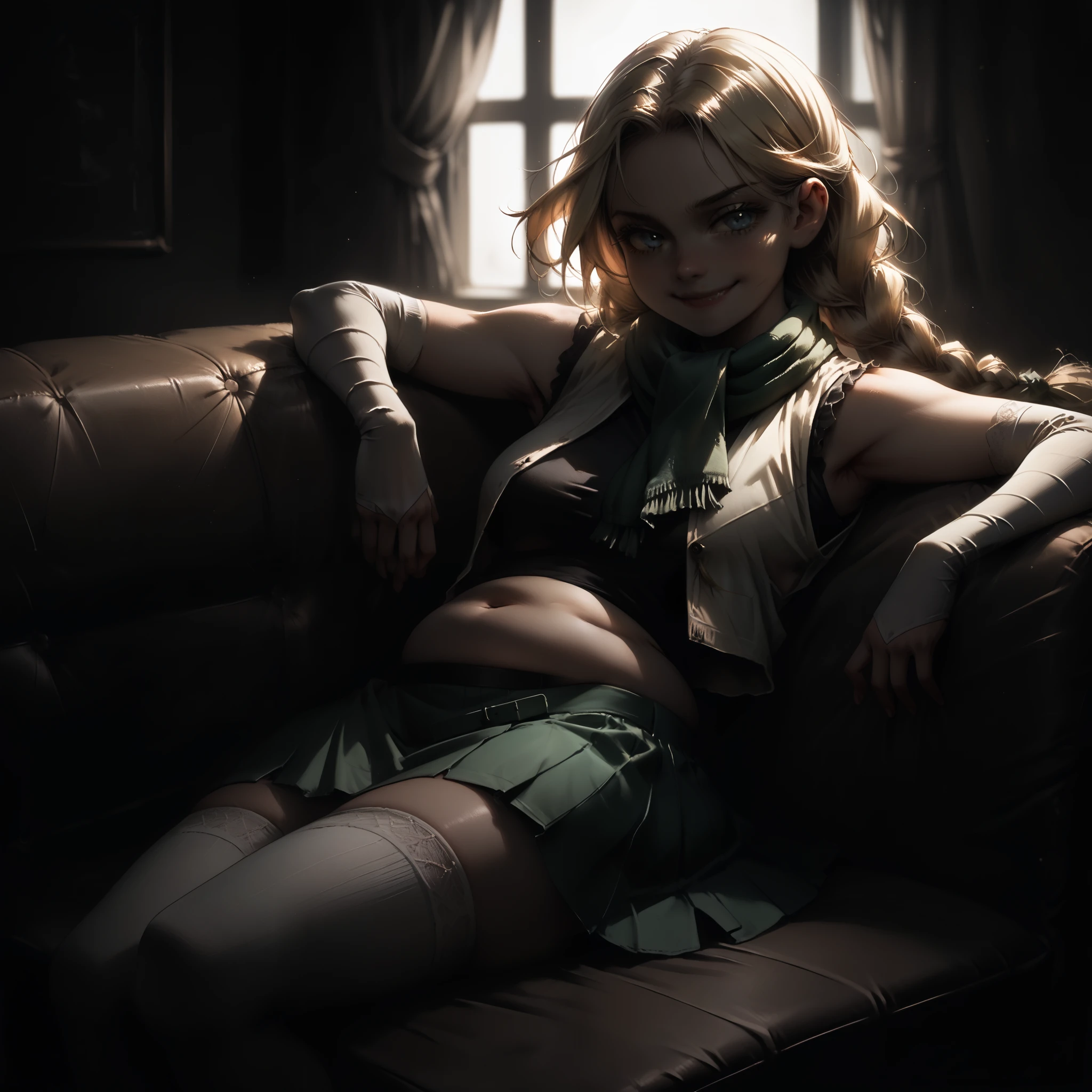 (1girl), 1 girl reclining on couch, ((smug expression)) (add_detail:1), lush hair, 1girl, blonde braids, (green neck scarf, white vest, green skirt, white elbow gloves, white thigh high socks,) blue eyes, , dramatic lighting, detailed skin texture, volumetric lighting, belly overhang