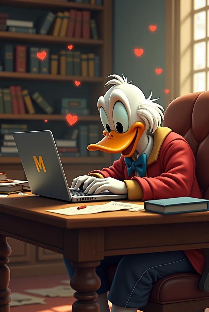 Make a picture of Uncle Scrooge inside the college using your laptop, but working. Place some small hidden hearts with the letter M 