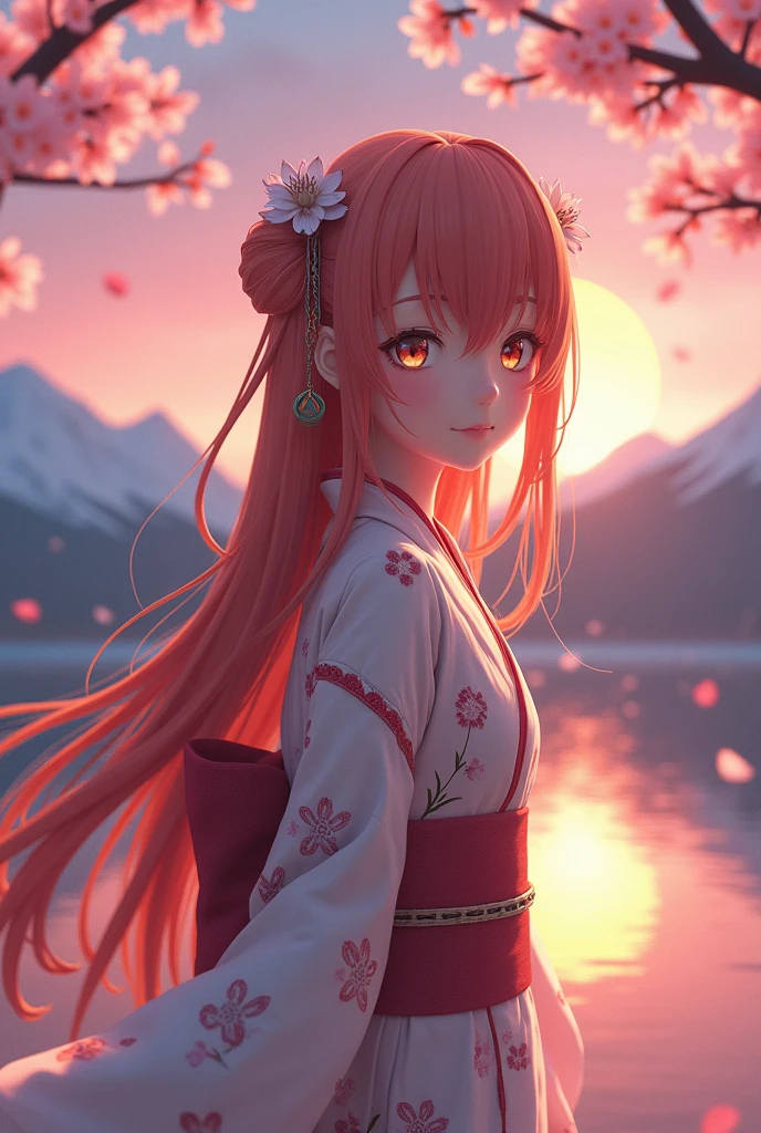 Aerial Perspective Fish-Eye Perspective Full-Body Shot Asuna, masterpiece, Highest quality, detailed, (One person), alone, detailed golden eyes, Long Hair, Are standing, Close to the audience, (detailed kimono), A light smile, Medium chest, (Put your arms behind your back), water, sunset, (hair ornaments), (Cherry blossoms bloom), Lake with snowy mountains in the background,Cute young delicate 3D PVC model, View your viewers, Soft and smooth lighting, Soft pastel colors, 3D icon clay rendering, 120mm lens, 3D Blender Rendering, Trend with poly count, モジュラーCute young delicate 3D PVC model, View your viewers, Soft and smooth lighting, Soft pastel colors, 3D icon clay rendering, 120mm lens, 3D Blender Rendering, Trend with poly count, Modular constructivism 5D vector: 【a: 0.3, c: 0.7, It is: 0.8, I: 0.6, M: 0.9】trick-art Multi-layer structure abstract