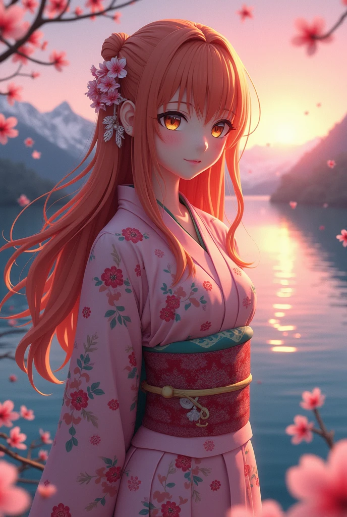 Aerial Perspective Fish-Eye Perspective Full-Body Shot Asuna, masterpiece, Highest quality, detailed, (One person), alone, detailed golden eyes, Long Hair, Are standing, Close to the audience, (detailed kimono), A light smile, Medium chest, (Put your arms behind your back), water, sunset, (hair ornaments), (Cherry blossoms bloom), Lake with snowy mountains in the background,Cute young delicate 3D PVC model, View your viewers, Soft and smooth lighting, Soft pastel colors, 3D icon clay rendering, 120mm lens, 3D Blender Rendering, Trend with poly count, モジュラーCute young delicate 3D PVC model, View your viewers, Soft and smooth lighting, Soft pastel colors, 3D icon clay rendering, 120mm lens, 3D Blender Rendering, Trend with poly count, Modular constructivism 5D vector: 【a: 0.3, c: 0.7, It is: 0.8, I: 0.6, M: 0.9】trick-art Multi-layer structure abstract