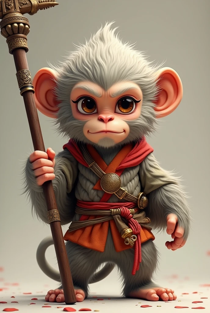 Small version of sun wukong the monkey, that’s very serious and is holding his legendary blow staff
