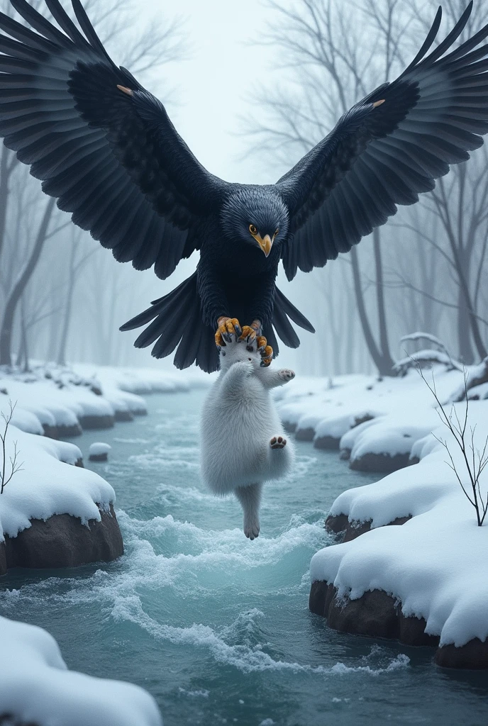 The black eagle throw a white rabbit under the snow river ai image