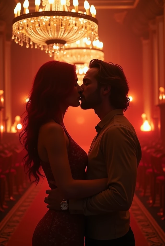 Redhead woman with a redhead man kissing,background of a room with led and luxury chandeliers with the words liam and snake written on it