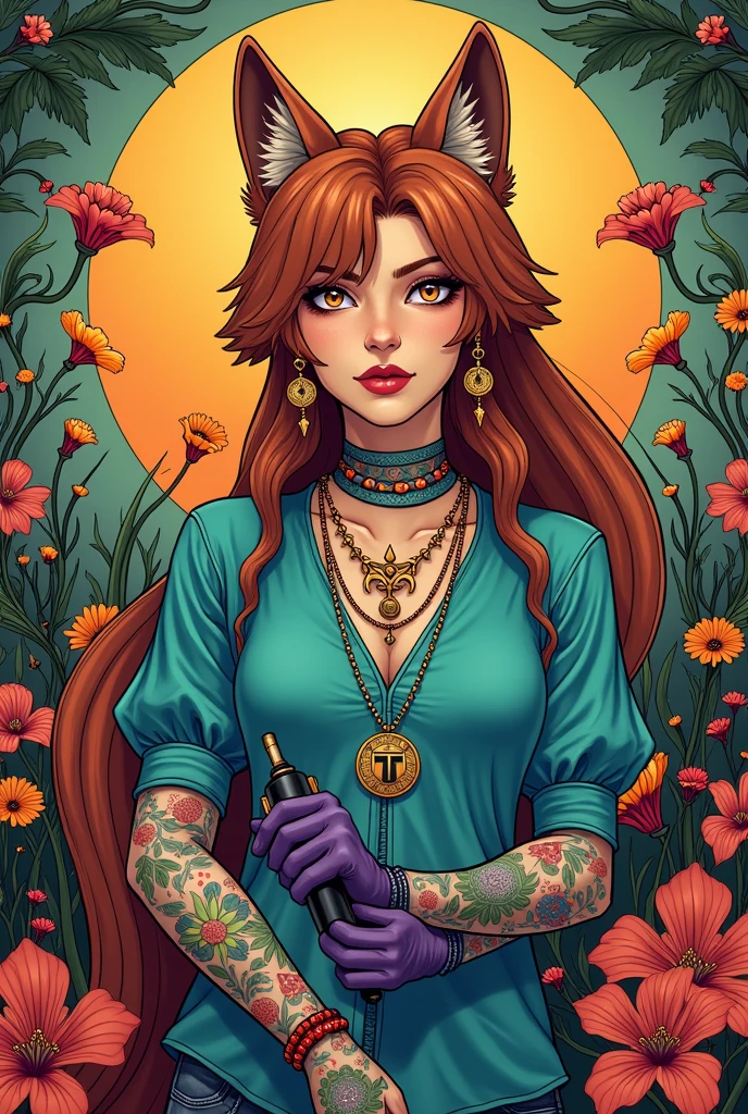 Create an artistic image in the art nouveau style of a female maned wolf with human features wearing a turquoise blue blouse with a feminine symbol printed on it., some necklaces and earrings, with their arms all tattooed with colorful plant tattoos, wearing a pair of purple gloves and holding a tattoo machine in one hand. In the background, somewhere in the image, a sun and many flowers should appear., plants and arabesques. The maned wolf should be looking straight ahead as if she were seeing the viewer.