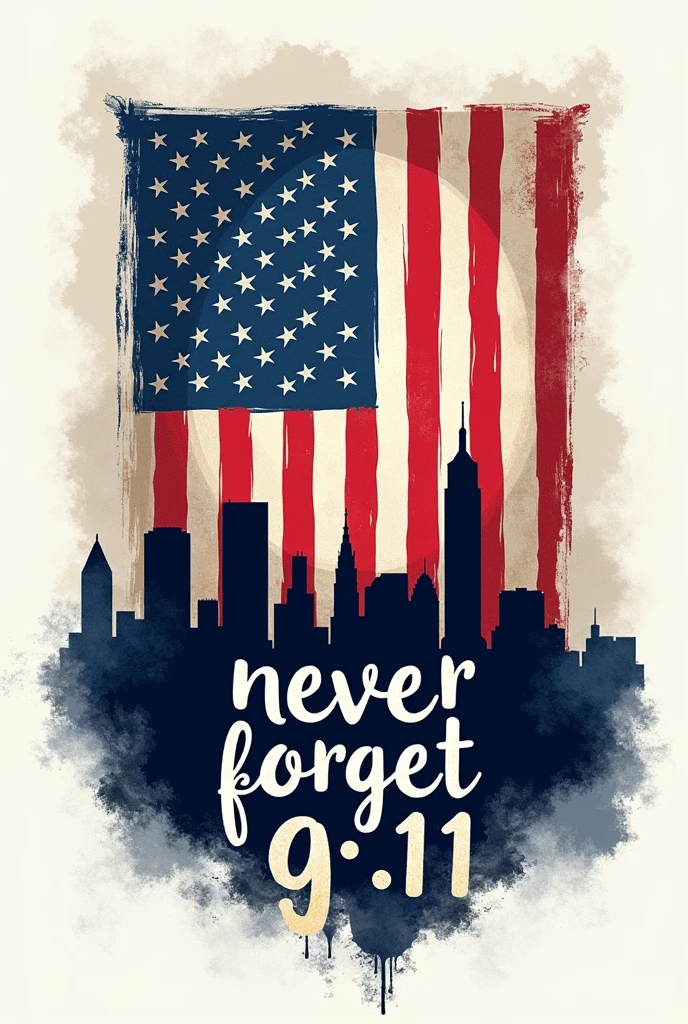 &quot;Please generate a 9/11 Patriots Day commemorative T-shirt design for me。The American flag is in the center of the picture，Above is the outline of the World Trade Center site in New York，Below it was written in solemn handwriting: &#39;Never Forget 9/11’。The whole design adopts blue, white and red color matching，Create a solemn and nostalgic atmosphere。
