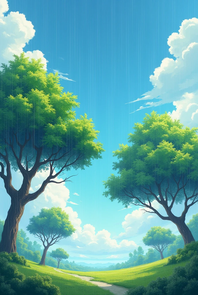 Trees in rain with blue sky