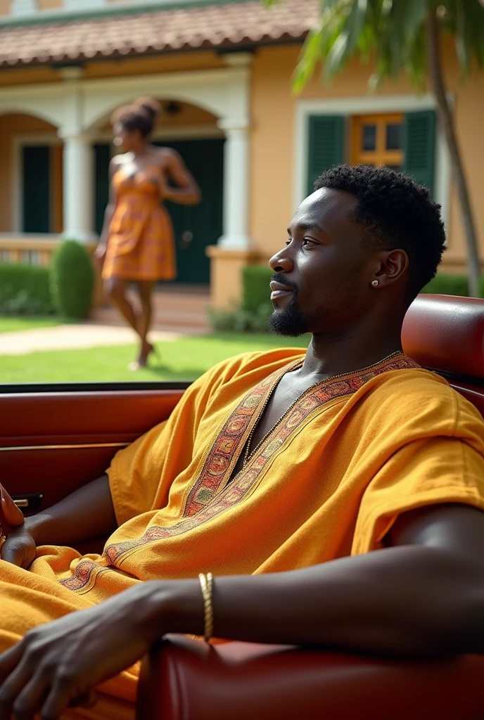 with a young curvy dark black lady approaching him with a smile from a far distance Generate an image of a dark black African man from the city wearing an African wear inside a posh car infront of a village building a village setting