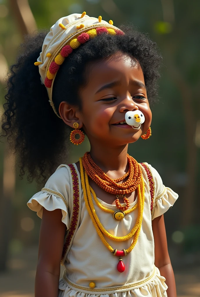 Uma imagem da minha erê of Oxum Opará Aparência , dolce, crying and smiling, , pacifier in mouth, black curly hair ponytail hairstyle, of Oxum Opará. Dark brown black skin, White clothes with small yellow and red details, overskirt, coast cloth and head cloth, yellow and red bead necklace, and abegbe of oxum