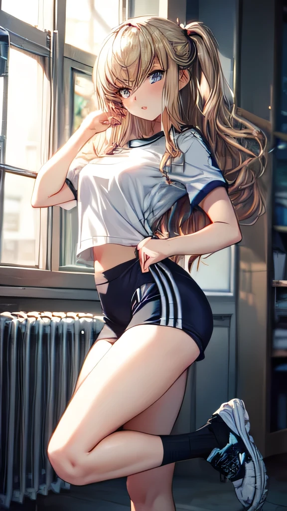 Very delicate,
beautiful girl,
break,
8k,
Highest quality,
masterpiece,
Super adopted,
Ultra-detailed,
Ultra-fine illustrations,
break,
Active Pause, Dynamic Angle,
indoor,
Shiny,
bright,
Rim Light,
break,
One person,
alone,
Perfect female body,
Big Hair,
Fluffy hair,
Air Van,
Long bangs between the eyes,
Round face,
blue eyes,
smile, Open your mouth,
Medium sized, well-proportioned chest,

((Full body portrait,Sexy pose:1.5,))

break,
White short-sleeved gym uniform,Navy Blue Bloomers