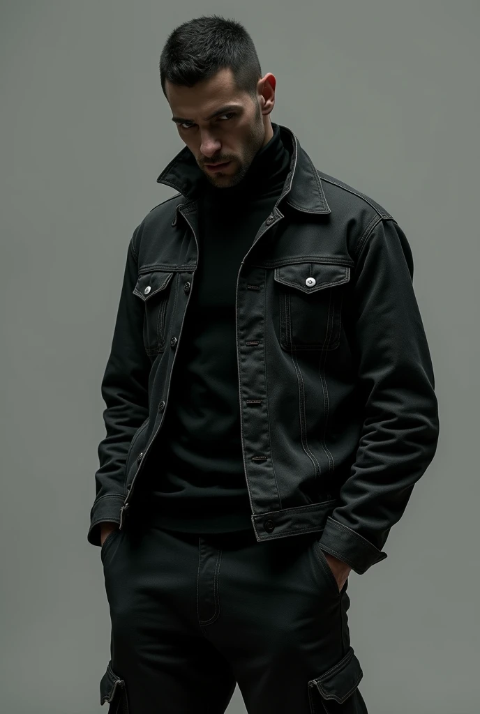 A man wear black cargo and turtle neck full sleeves tshirt and denim jacket 
