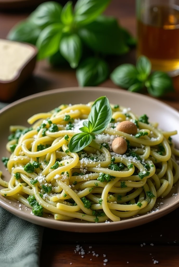 Create an image of this recipe: Whole Wheat Pasta with Spinach Pesto Ingredients:
- Pasta integral: 100 g - Fresh spinach: 100 g - Fresh basil: 20 g - Pine nuts: 20 g - Grated Parmesan cheese: 30 g - Garlic: 10 g - Olive oil: 30 ml
- Sal: 5 g - Pepper: 2 g Preparation:
1. Cook whole wheat pasta in salted water according to package directions. Drain and set aside.
2. In a food processor, mix the spinach, basil, pinions, SHE, Parmesan cheese, salt and pepper.
3. While processing, Add the olive oil in a constant stream until you obtain a smooth and homogeneous sauce..
4. Mix the cooked pasta with the spinach pesto.
5. Serve the pasta hot, espolvoreada con un poco más de Parmesan cheese si lo deseas.
