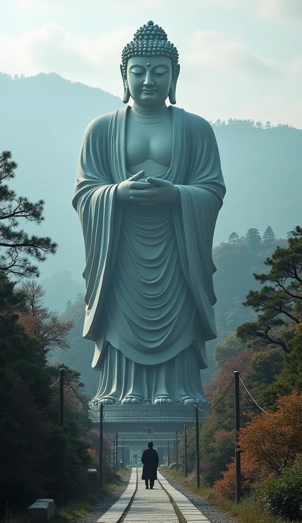 a huge Buddha Statue is standing and looking down in Ushiku, japan, from behind, from above, 