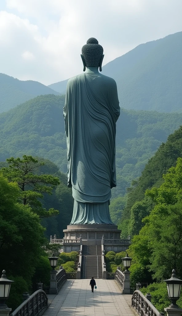 a huge Buddha Statue is standing and looking down in Ushiku, japan, from behind, from above, 