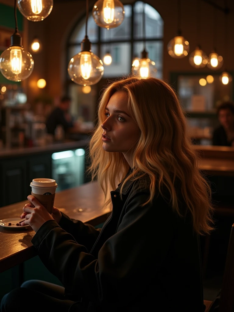 a blonde(white) girl with reasonably large breasts and a reasonably large ass (spicy photos with lifestyle are mixed) sophie drinking starbucks