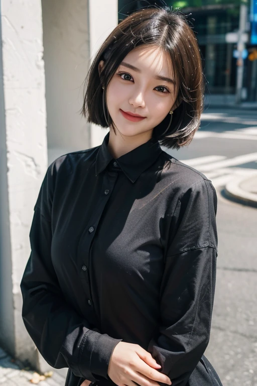(2 Japanese girl,), (Small breasts:1.5,),(solo,,Textured skin, Detailed skin,Detailed face,Detailed eyes,detailed posing,Natural eyebrows,Sparkling Eyes,High detail, Highest quality, Super detailed, Surrealism, ,8k,RAW Photos,Photographicism,Professional Lighting,Portrait Photography,Soft Light),((Black Hair, Natural Makeup,Simple earrings, Bob Hair,ribbon,Smiling)),(((Street Corner Photography,Long sleeve shirt)))