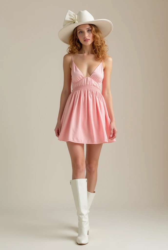 Can you create me an image of a girl wearing a light pink satin dress with short and revealing straps and sleeveless and short dress with tall white boots with honey-colored curly hair and a country hat with a beautiful white bow full body medium build full body image with tall white boots without heels FULL BODY WHERE HER FEET CAN BE SEEN WEARING tall white boots medium build and medium arms