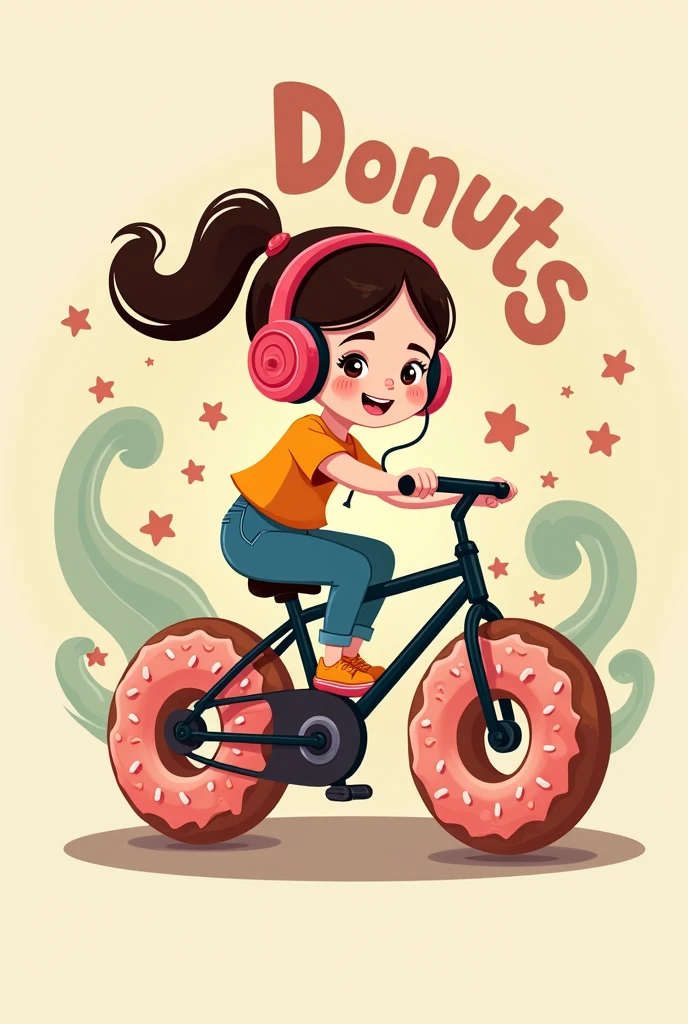 Well, I want a logo for a cake shop that has the word baby donuts as a reference, with a young age girl in the background on a bike with donut wheels and donut headphones, to make it more colorful and eye-catching for all types of audiences. vintage