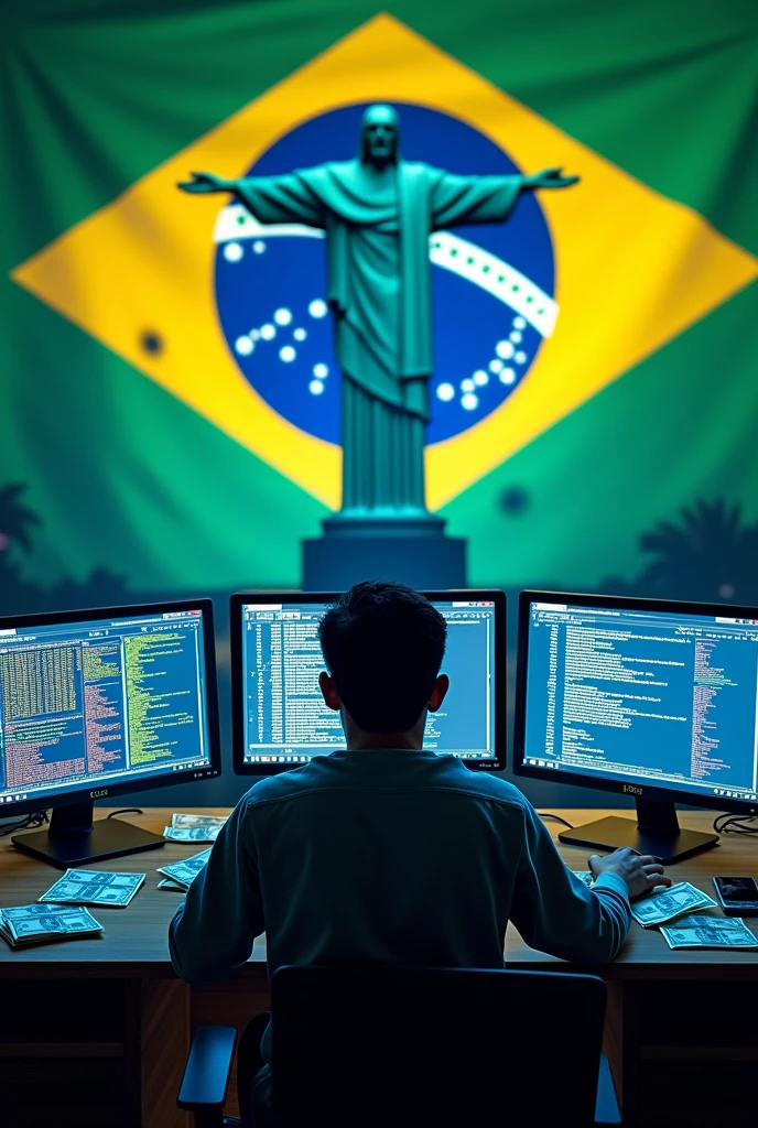 A hacker with 3 monitors and the Brazilian flag above them, add money notes and next to the flag the Christ the Redeemer, and put a bright color, put money notes, leave the hacker on his back, put it as if he was hacking several systems, and increase the size of Christ the Redeemer