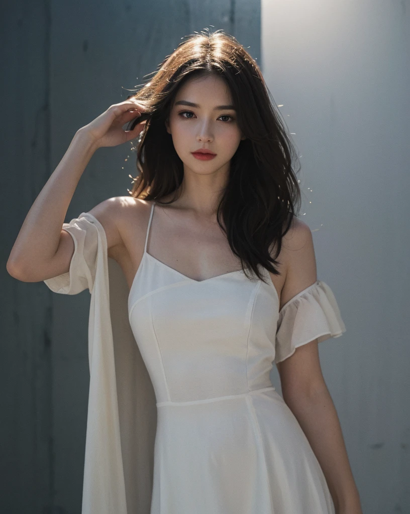 Best quality, masterpiece, ultra high res, (photorealistic:1.5), raw photo, 1 women, mature, jacquard white classy summer dress, in the dark, deep shadow, low key, cold light, sexy look, long hair