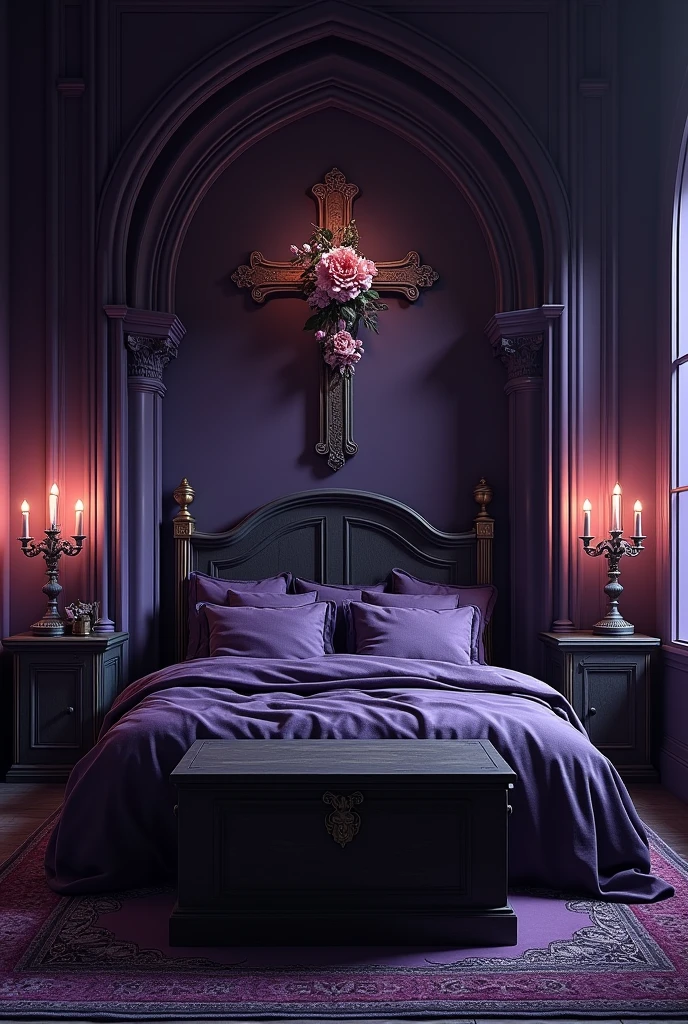 Floor plan of a Gothic themed bedroom, of the colors purple and black.  On the middle wall of the room there is a cross with a flower in the middle. a huge chest at the foot of the bed and candlesticks that illuminate the room. the room belongs to a nun, and must be at a greater angle