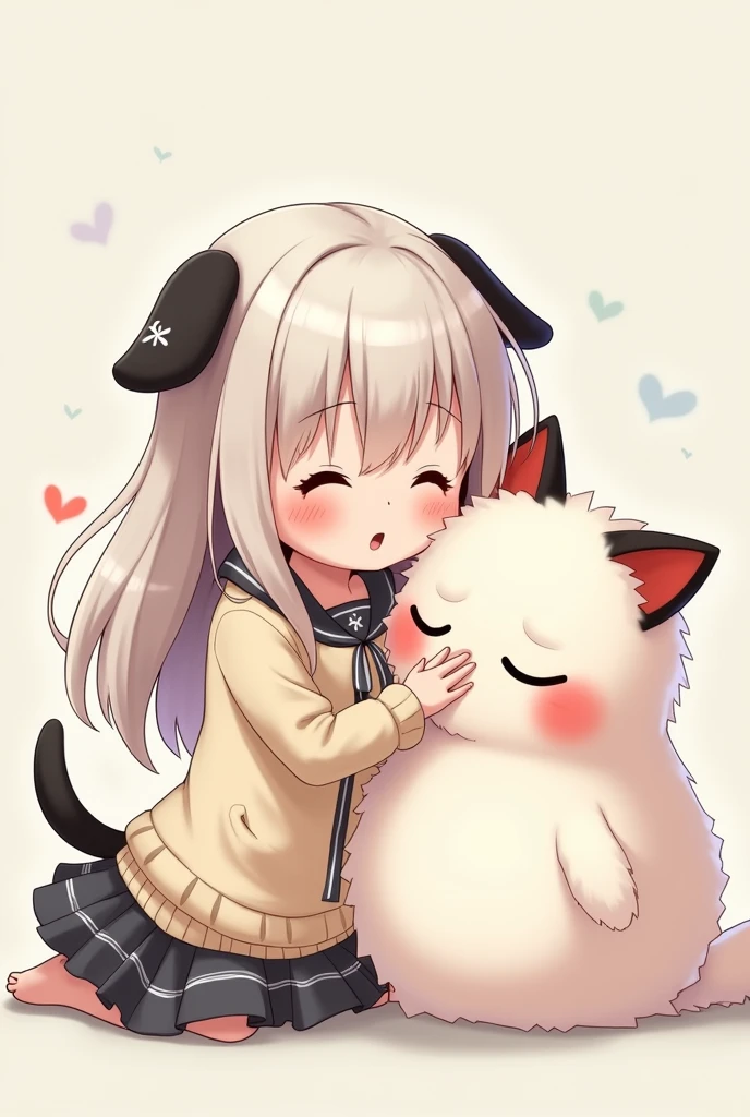 Make an image of an anime with ears, long hair with two small pigtails, that has a black dog tail with white decoration, that is Kawaii and cute, also a white furry with red cheeks, and big cat ears with big cat tail next to her as she pets him