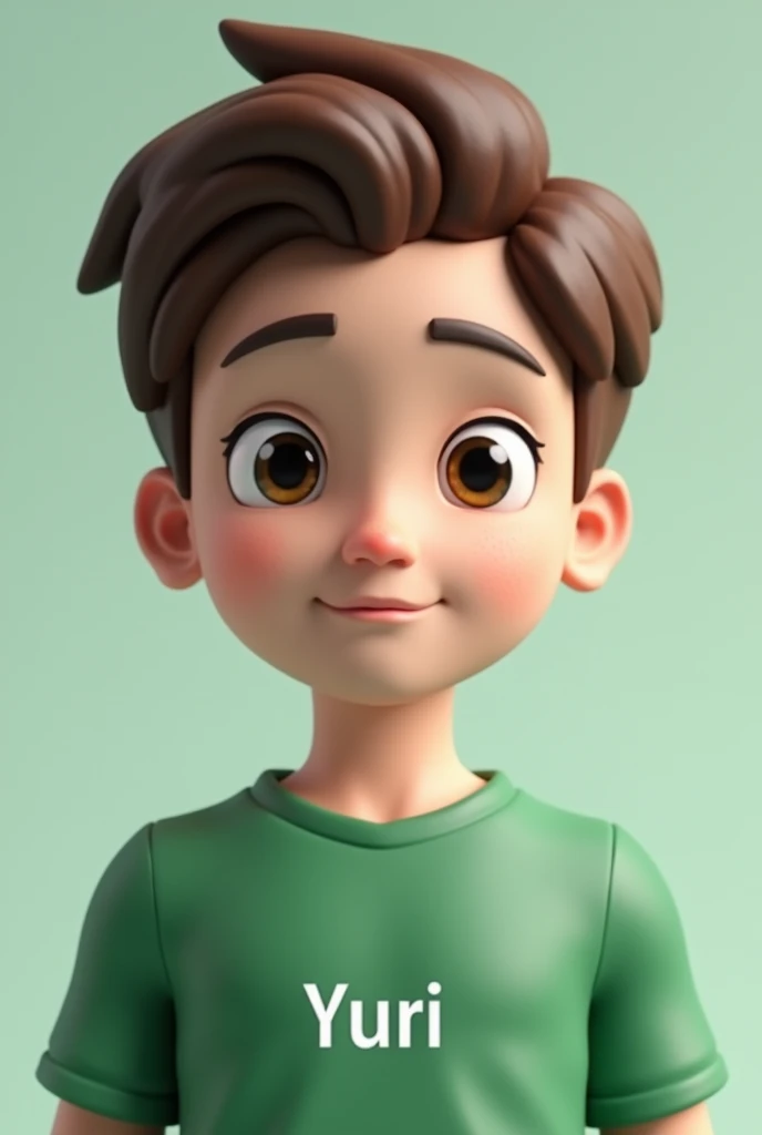Male roblox example doll,offwhite, clear eyes, Straight brown hair ,green shirt with name printed on it yuri
