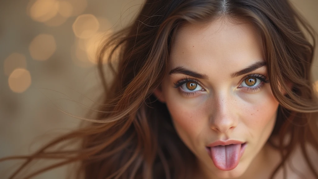 
tongue out, hazel eyes, photo from above, long brown hair, ORGASM, Open eyes

