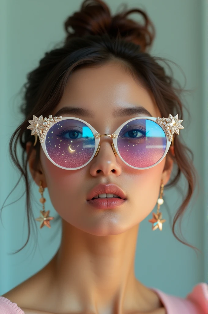 The model is wearing glass sunglasses with stars and the moon on the glass