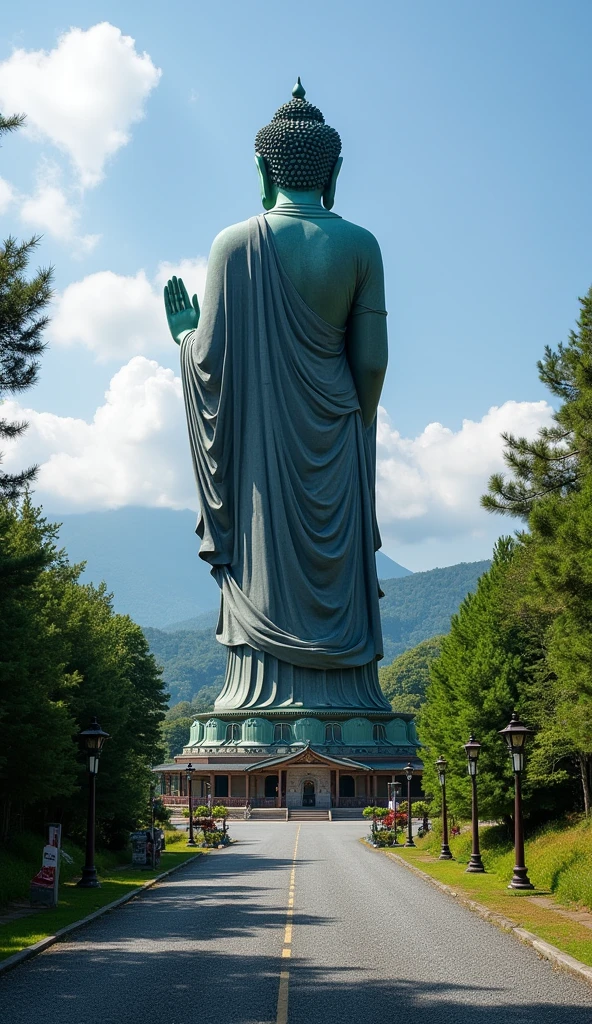 a huge Buddha Statue is standing and looking down in Ushiku, japan, from behind, from above, buddhist temple, 