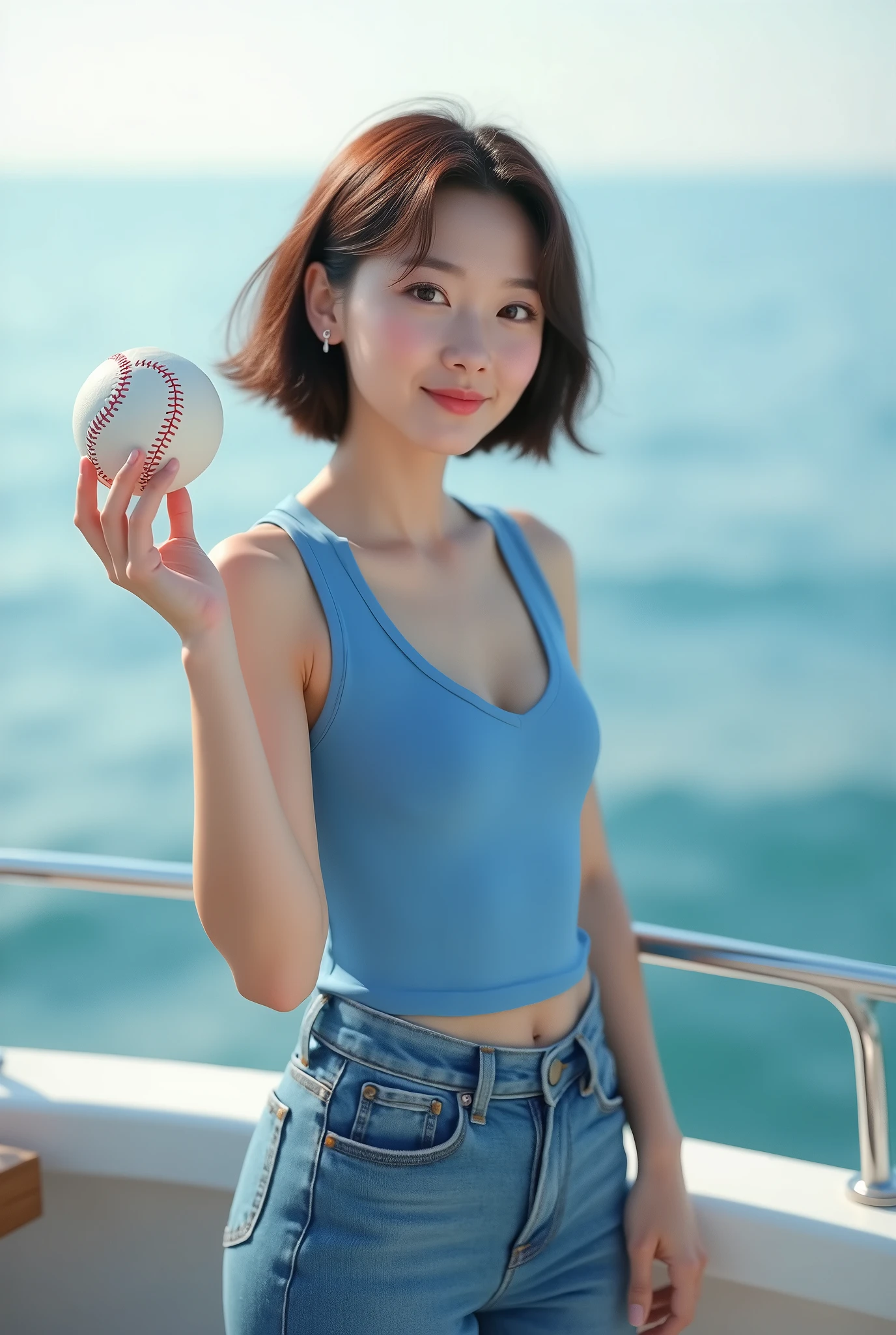 Highly realistic 8k photos, sea background, standing on a boat, Hold the baseball with one arm raised high next to your body and in plain view., Korean woman, Wearing a blue sleeveless top and jeans, standing face to face, Looking at the camera, short hair, A little smile, Full focus