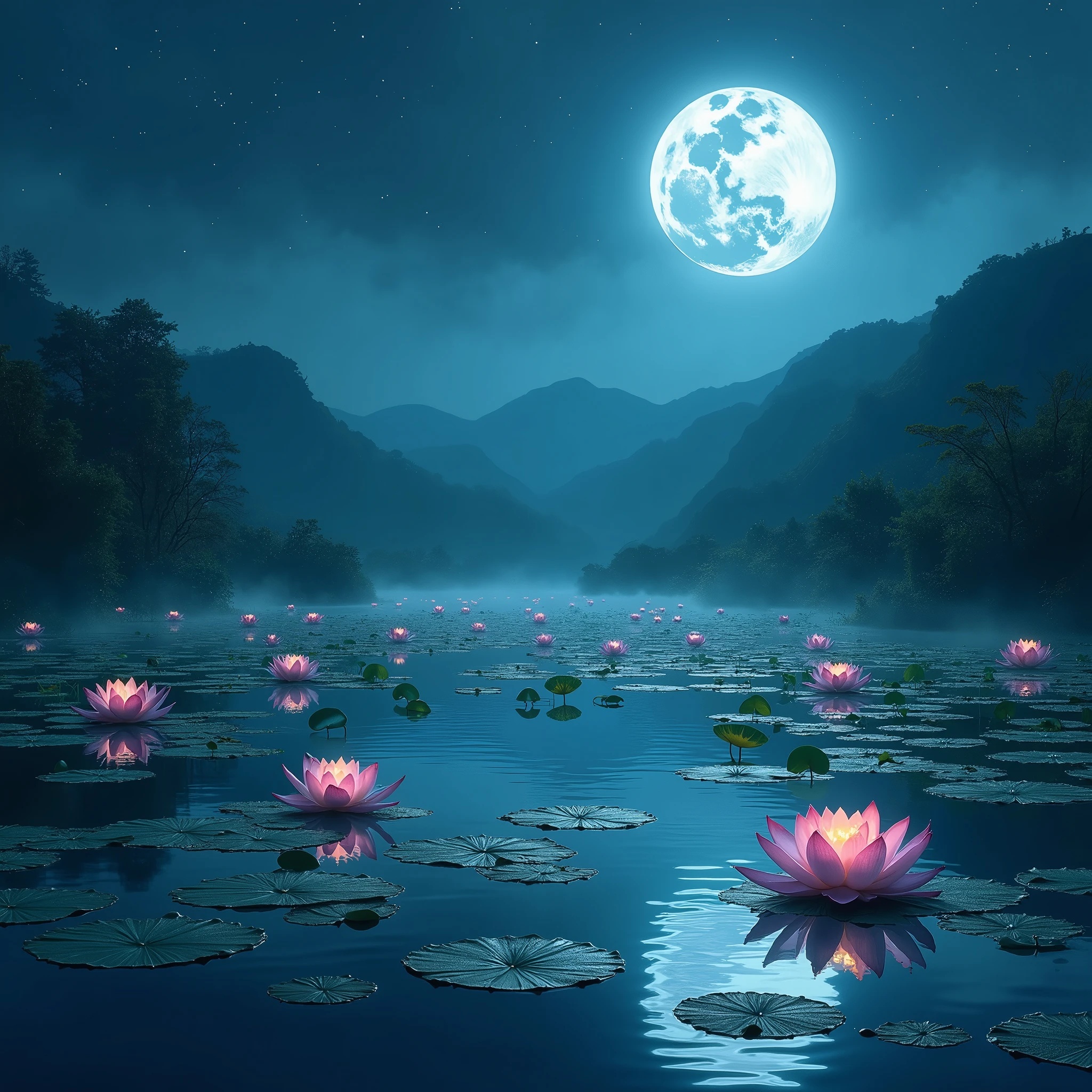 Image of Vietnamese lotus lake, associated with the countryside, charming landscape, moonlit night, magical light, mysterious atmosphere, sparkling beauty