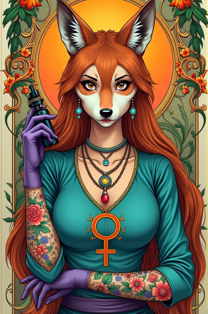 Create an artistic image in the art nouveau style of a female maned wolf wearing a turquoise blue blouse with a feminine symbol printed on it., some necklaces and earrings, with their arms all tattooed with colorful plant tattoos, wearing a pair of purple gloves and holding a tattoo machine in one hand. In the background, somewhere in the image, a sun and many flowers should appear., plants and arabesques. The maned wolf should be looking straight ahead as if she were seeing the viewer.