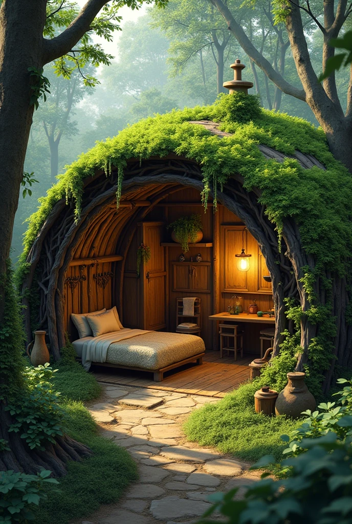 Create a realistic forest hideout image, camouflaging by plants, Grass and lianas. It should be open and round, Hobbit style, a roof covered with grass and leaves, It should have a simple bed with twigs and a fluffy blanket., a wooden table with chairs , a small closet, hooks and nets on the wall and a small fireplace inside