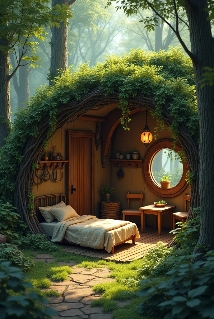 Create a realistic forest hideout image, camouflaging by plants, Grass and lianas. It should be open and round, Hobbit style, a roof covered with grass and leaves, It should have a simple bed with twigs and a fluffy blanket., a wooden table with chairs , a small closet, hooks and nets on the wall and a small fireplace inside