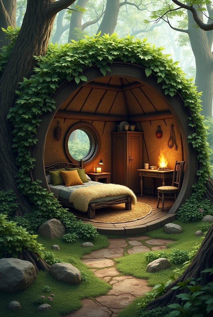 Create a realistic forest hideout image, camouflaging by plants, Grass and lianas. It should be open and round, Hobbit style, a roof covered with grass and leaves, It should have a simple bed with twigs and a fluffy blanket., a wooden table with chairs , a small closet, hooks and nets on the wall and a small fireplace inside