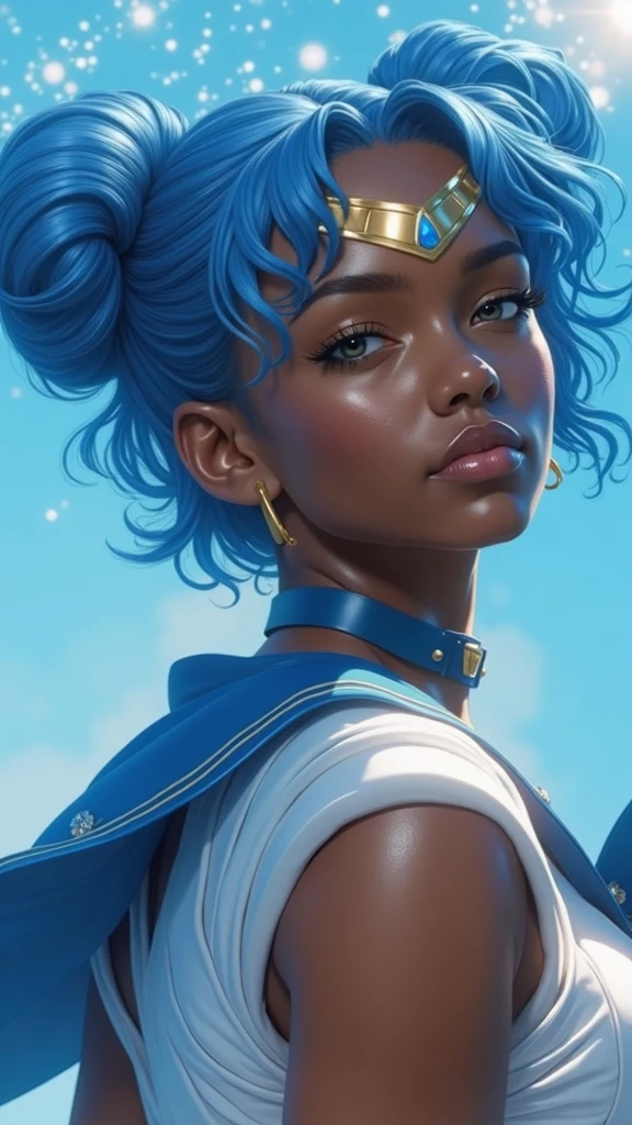 Sailor Mercury with blue hair and a blue cape on her head, (dark ebony skin:1.4), artgerm jsc, portrait knights of zodiac girl, extremely detailed artgerm, ross tran 8 k, in the style of ross tran, artgerm julie bell beeple, by Ross Tran, ross tran style, alena aenami and artgerm, inspired by Ross Tran, high quality, (RAW photo, best quality), (realistic, photorealistic: 1.4), (extremely delicate and beautiful: 1.4), amazing, fine details, masterpiece, ultra detailed, high resolution, best illustration, best shadow, intricate, ( extremely intricate: 1.2), (exquisitely detailed skin), cinematic light, perfect anatomy, (cool color: 1.4), sharp focus, 8k UHD, DSLR, (Fujifilm XT3),(dark ebony skin:1.4),( iluminación cinematográfica :1.4), ,(Fondo de ruinas de mazmorra en ruinas:1.4 ),( pose americano :1.4), (Sailor Mercury :1.4), (un uniforme con falda de color azul y moños celestes:1.4) .