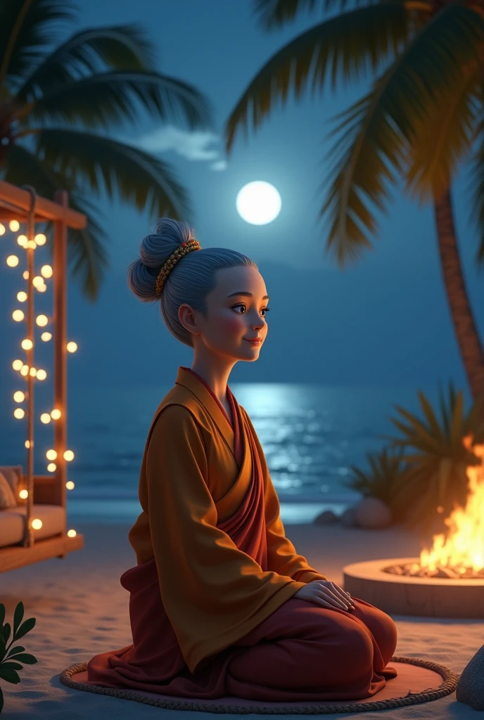 An elderly woman with gray hair tied up, a calm expression, and dressed in traditional Buddhist attire appears in the foreground. In the background, there is a peaceful nighttime beach scene with palm trees under a bright full moon. The setting includes a hanging swing decorated with warm fairy lights and tropical plants. Cozy seating is arranged around a small fire pit, with palm trees framing the scene, all set against the backdrop of a serene ocean