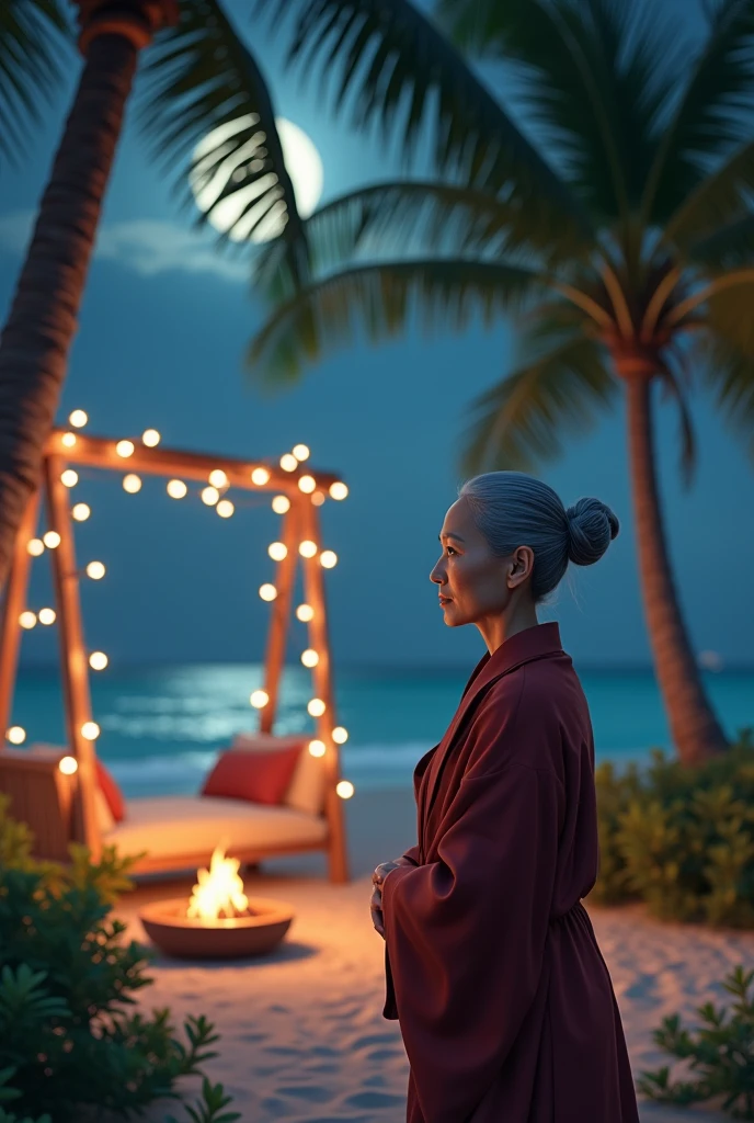 An elderly woman with gray hair tied up, a calm expression, and dressed in traditional Buddhist attire appears in the foreground. In the background, there is a peaceful nighttime beach scene with palm trees under a bright full moon. The setting includes a hanging swing decorated with warm fairy lights and tropical plants. Cozy seating is arranged around a small fire pit, with palm trees framing the scene, all set against the backdrop of a serene ocean